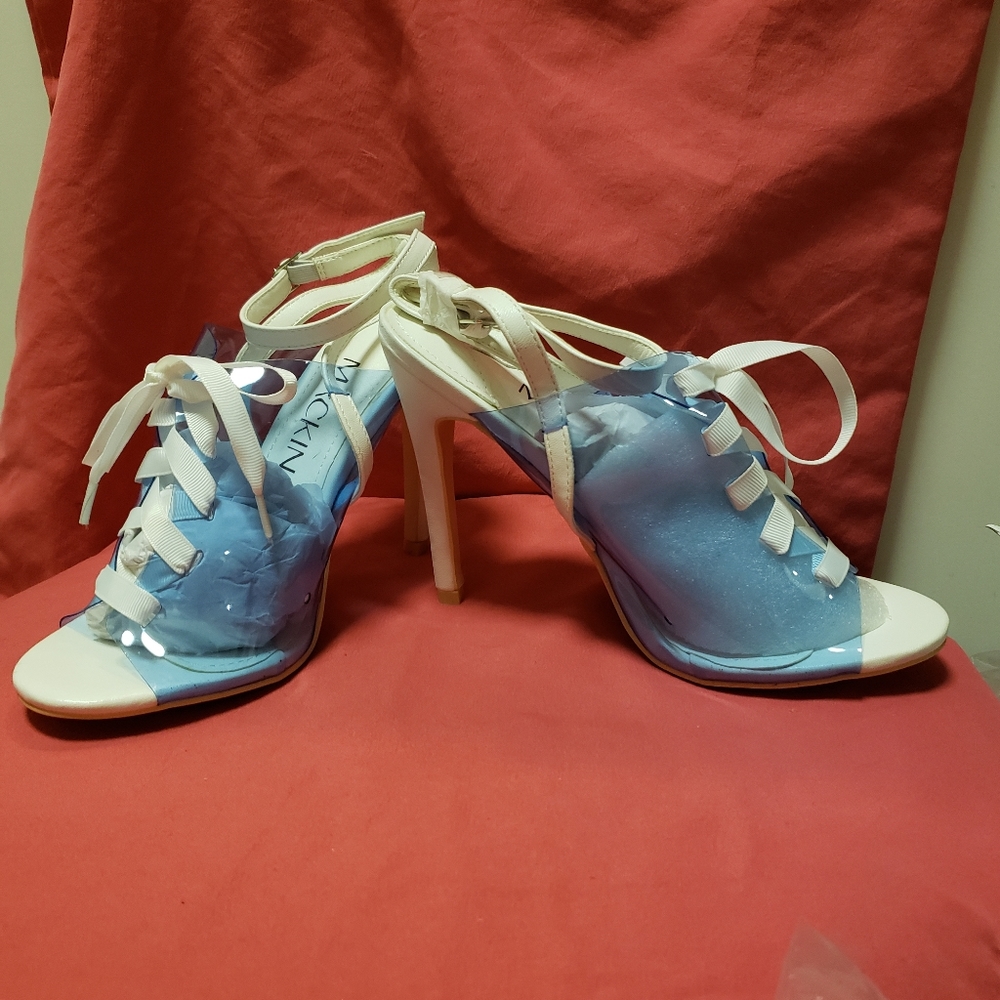 SEXY-MACKIN J- CLEAR BLU HUE-TIE UP STILLETTO'S W/WRAP RND BUCKLE CLOSE/8/NWOT